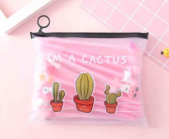 20 black cartoon cactus design pens with 0.5mm tips and a matching plastic pen case.