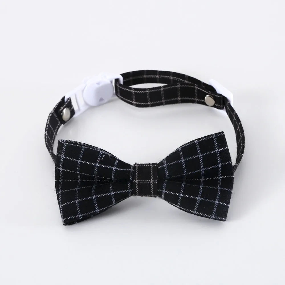 British style pet hair band and matching bow tie set on a model, shown in yellow, red, green, and black plaid options.