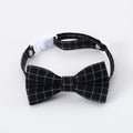 British style pet hair band and matching bow tie set on a model, shown in yellow, red, green, and black plaid options.
