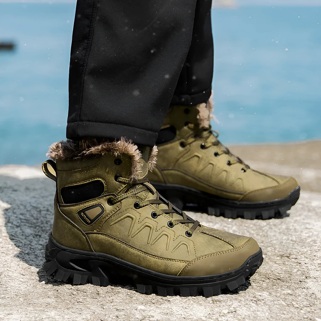Men's plus size high top outdoor cotton shoes in black, cold-resistant cowhide upper, rubber sole, sizes 40-48