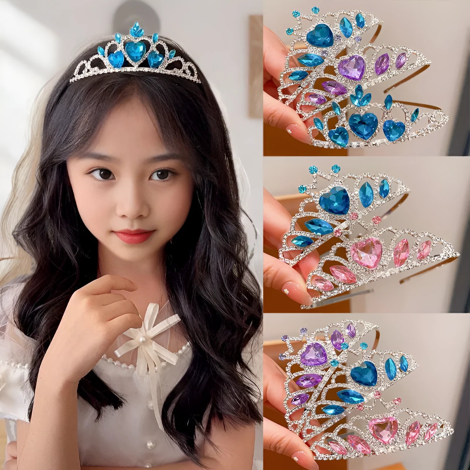 Children's pink crystal crown alloy headband hair accessory for dress-up.