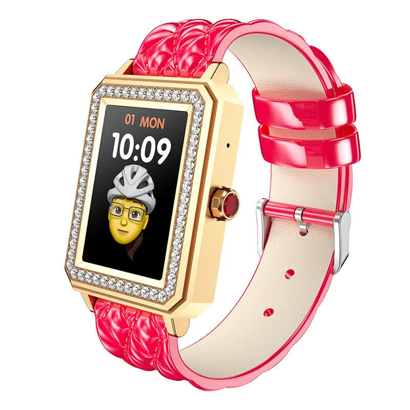 Women's smart bracelet with high-definition screen and genuine leather strap in black gold colour