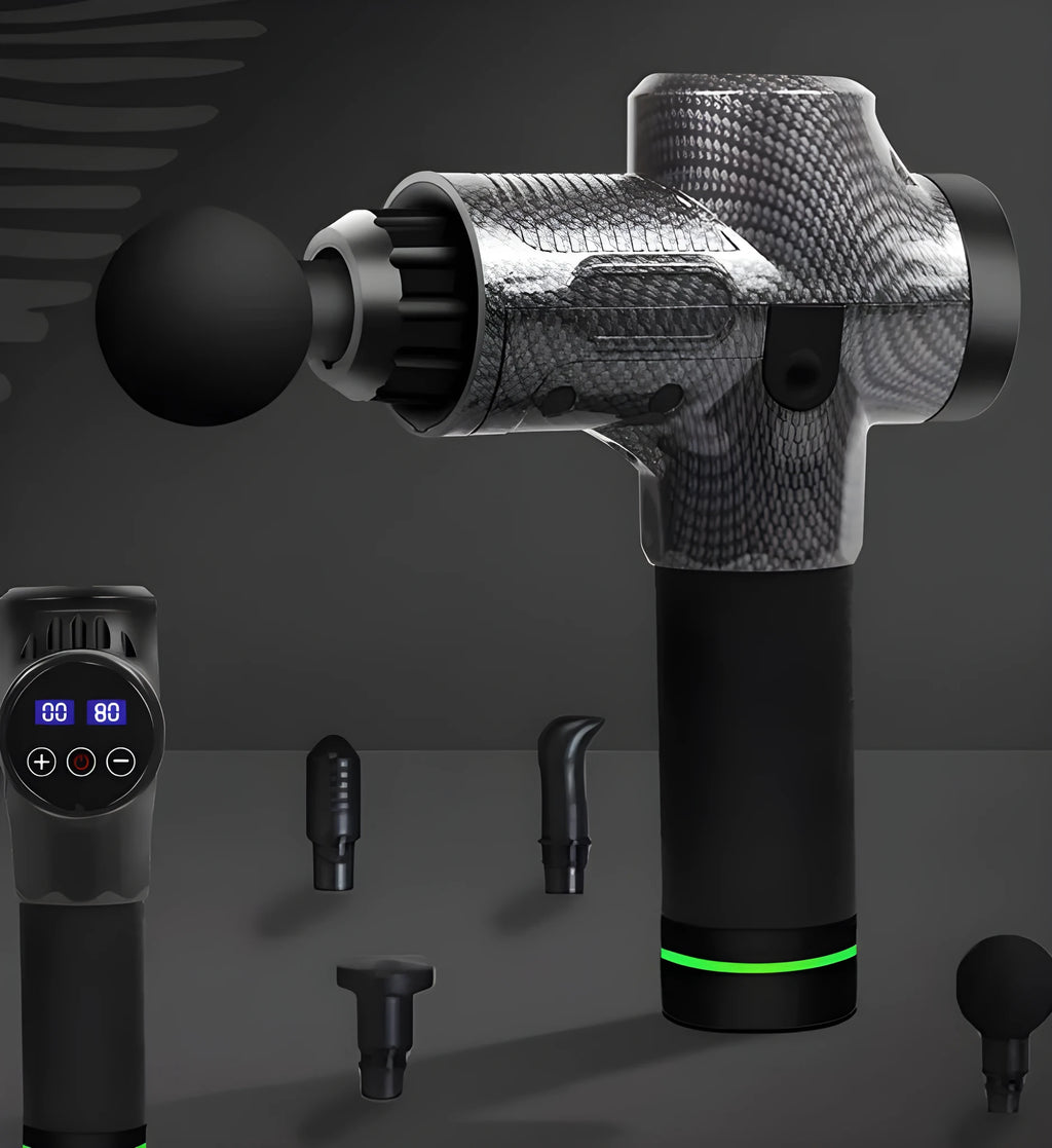 Electric muscle massage gun with multiple head attachments on black background