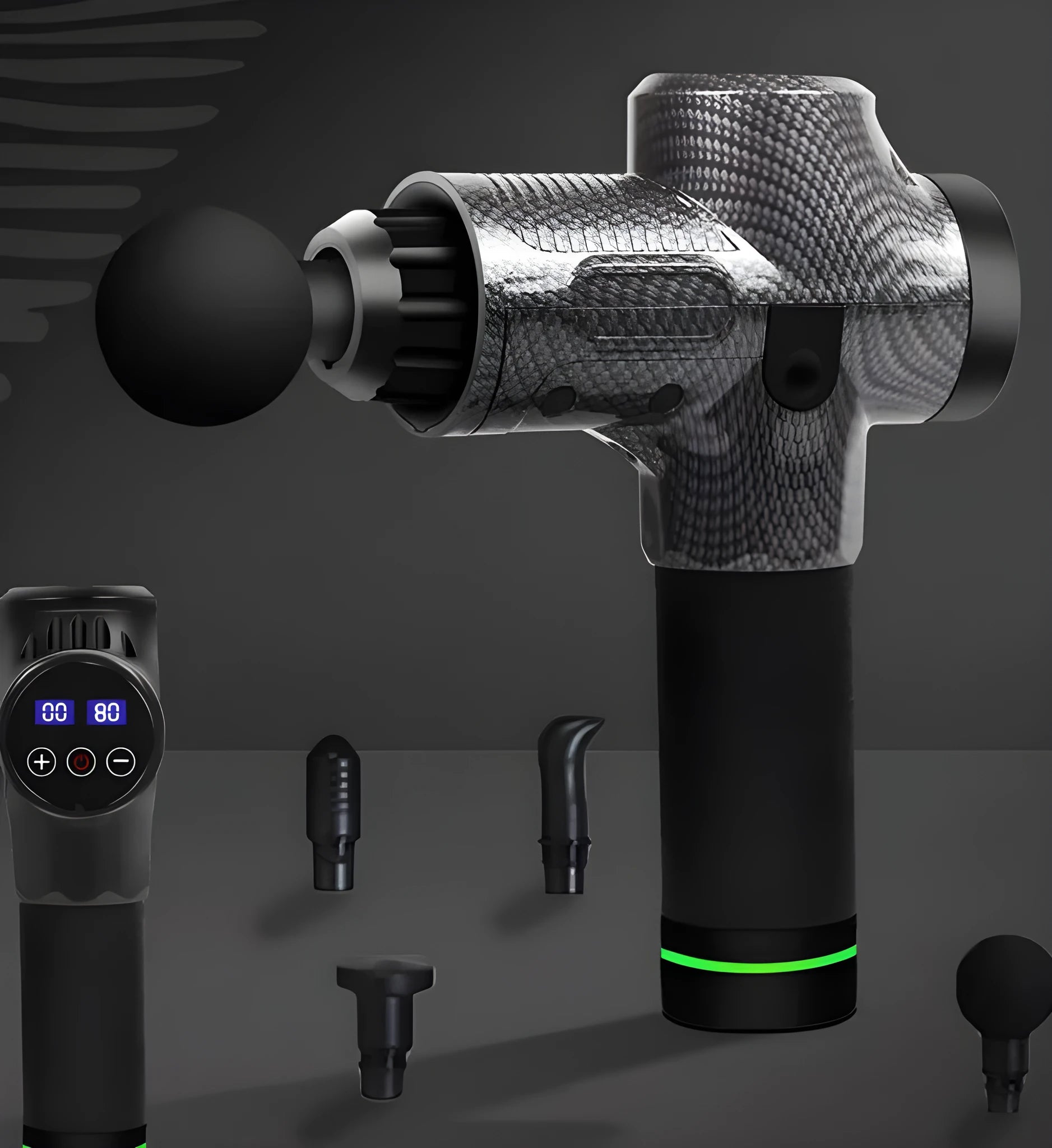 Electric muscle massage gun with multiple head attachments on black background