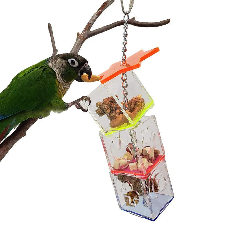 Clear acrylic parrot foraging toy measuring 5x5x32cm with food container design