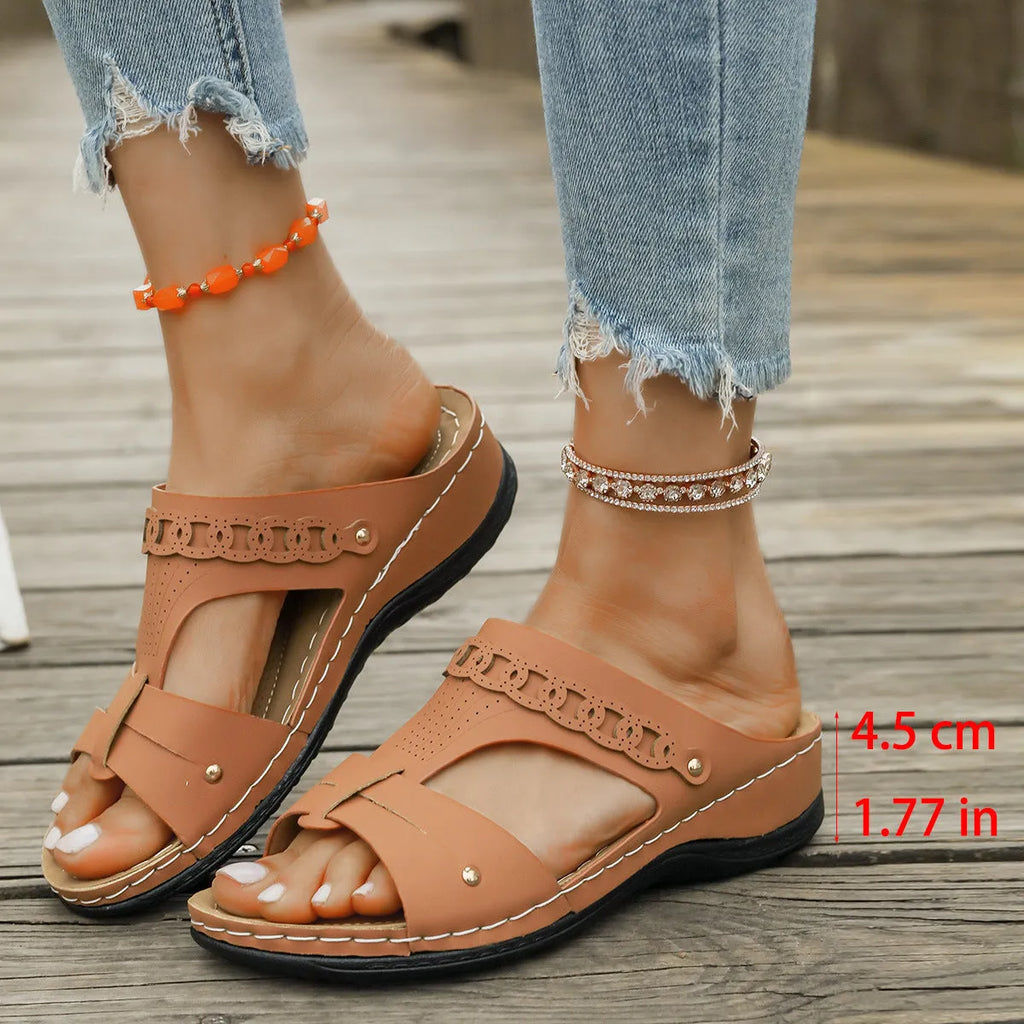 Slope heel Roman sandal slippers with fish mouth toe in blue, showing PU upper and rubber sole.