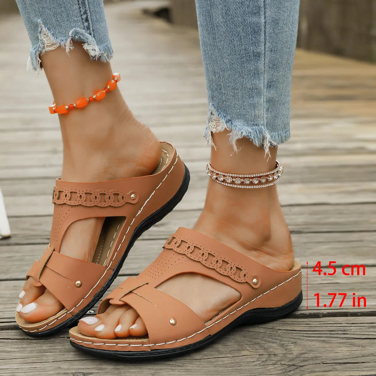 Slope heel Roman sandal slippers with fish mouth toe in blue, showing PU upper and rubber sole.
