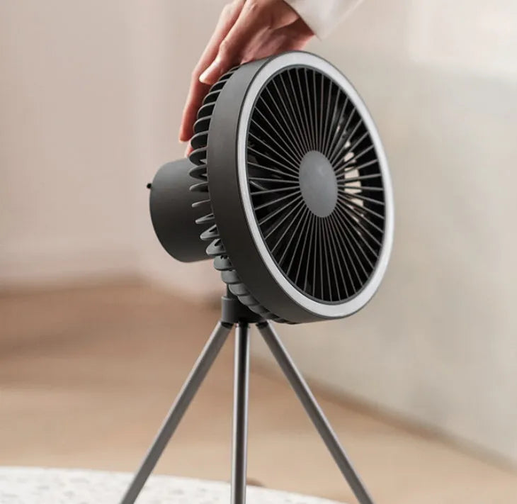 Portable tripod camping fan with detachable aluminium alloy stand, USB rechargeable battery, and hanging hook