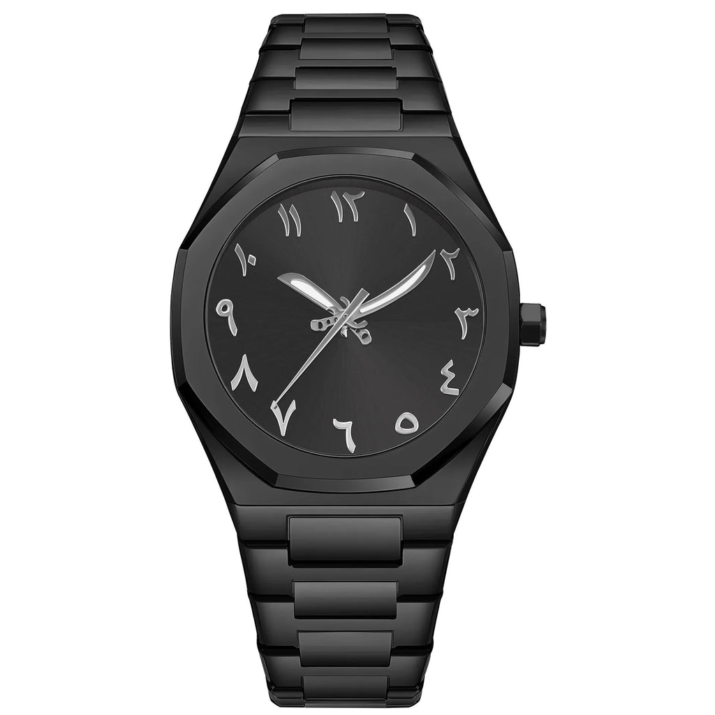 Men's business casual watch with stainless steel belt and black dial, 10mm thickness