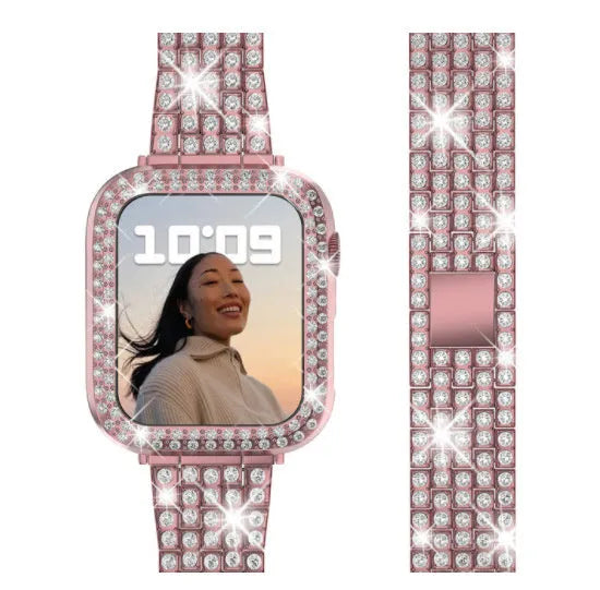 Apple Watch case with Double Diamond Glass privacy screen in Rose Pink colour for a 44mm model.