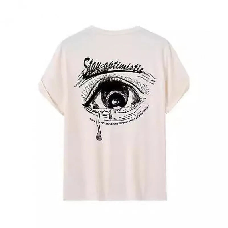 Men's printed street-style short-sleeve sports T-shirt on a hanger, showing digital print design.