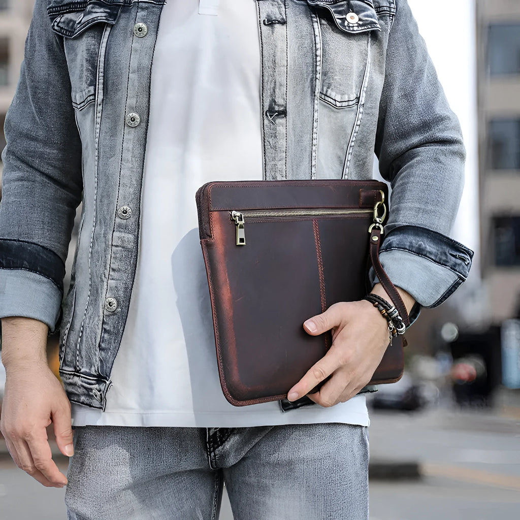 Brown crazy horse leather zipper computer bag for MacBook Pro 15.4 and 16 inch, 390x275x20mm