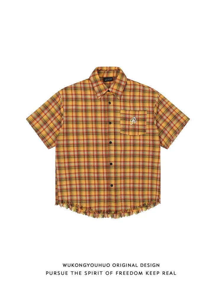 Yellow check plaid shirt with embroidered pocket detail on chest, short sleeves, loose fit casual style