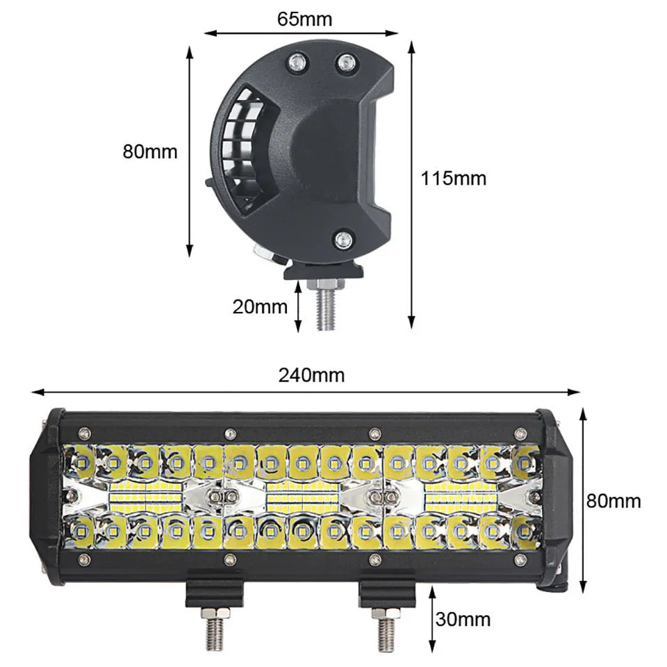 Three-row automotive LED strip work light in aluminium housing with mounting bracket, 6500K output