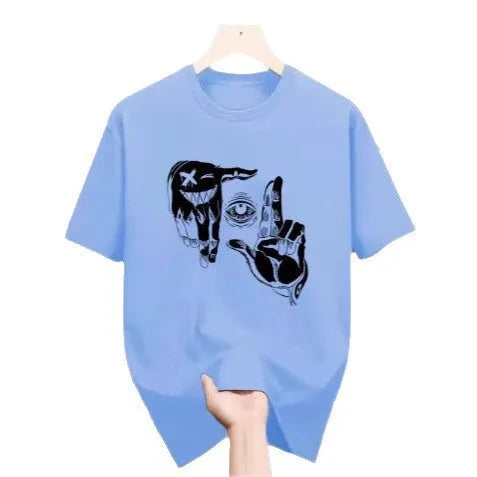 Men's grey mesh t-shirt with blue cartoon digital print, short sleeves and round neck