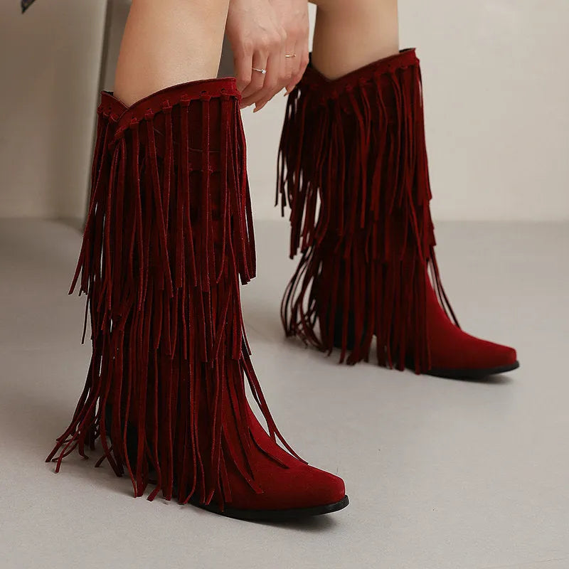 Women's suede mid-calf boots with tassel details and chunky rubber heel
