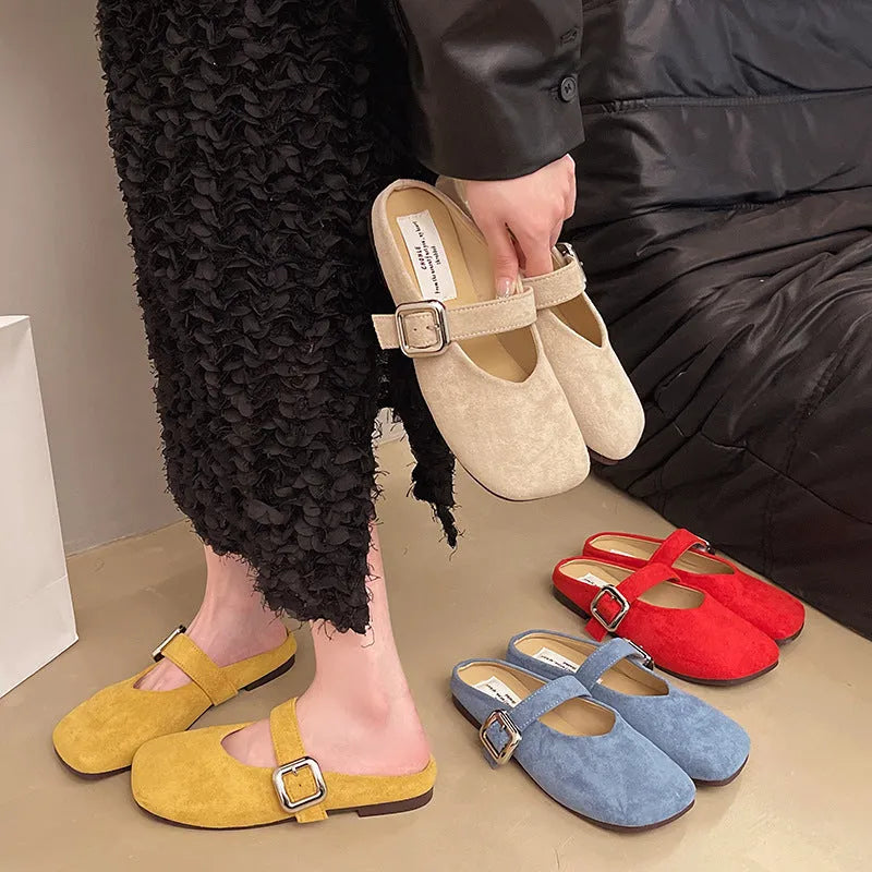 Women's flat closed toe slippers with square head design in apricot colour