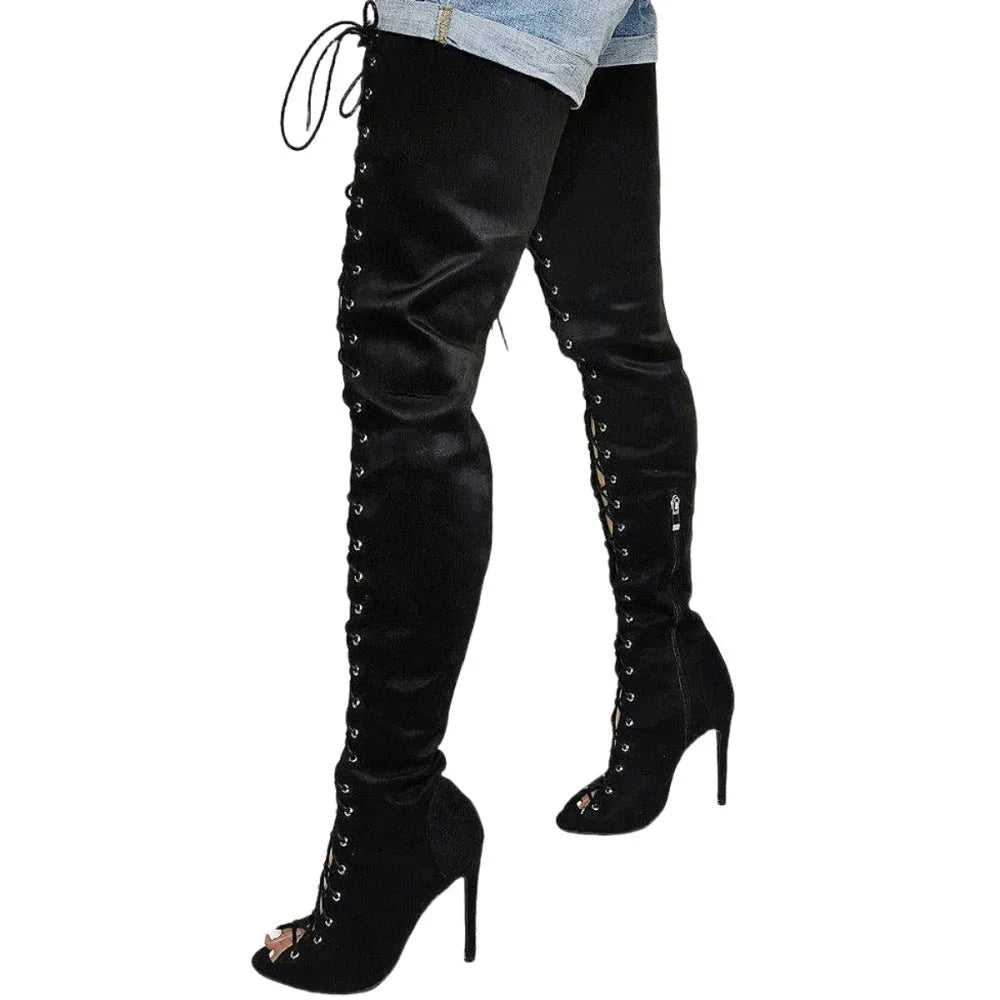 Women's black suede lace-up stiletto heel peep-toe boots with round toe and rubber sole