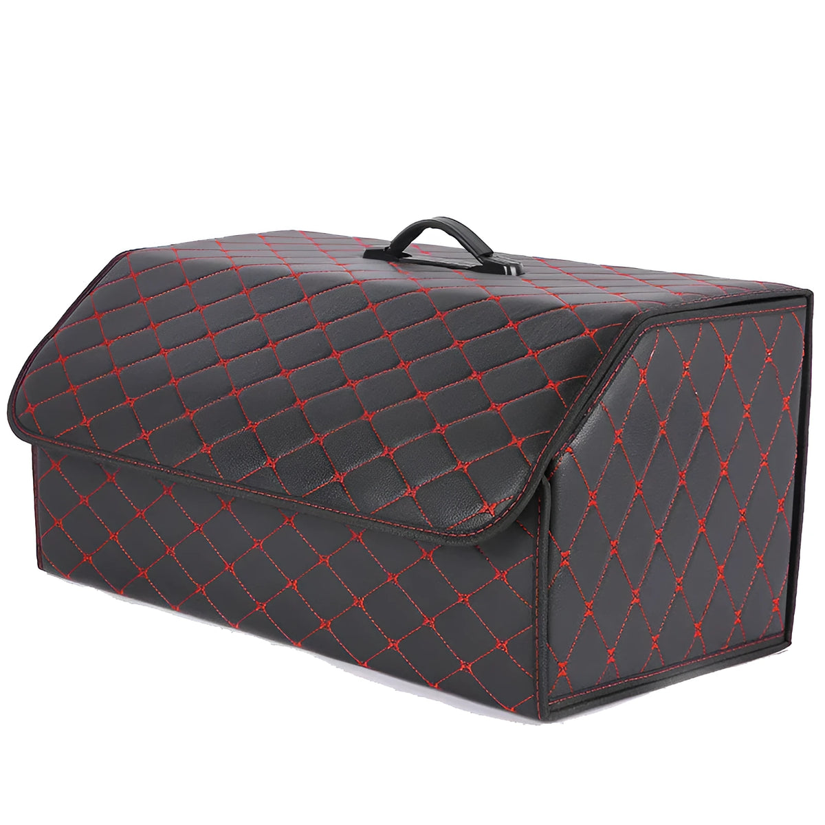 Foldable leather car trunk storage box with diamond pattern, shown in red gold wire, black gold wire, black red wire, or brown gold wire