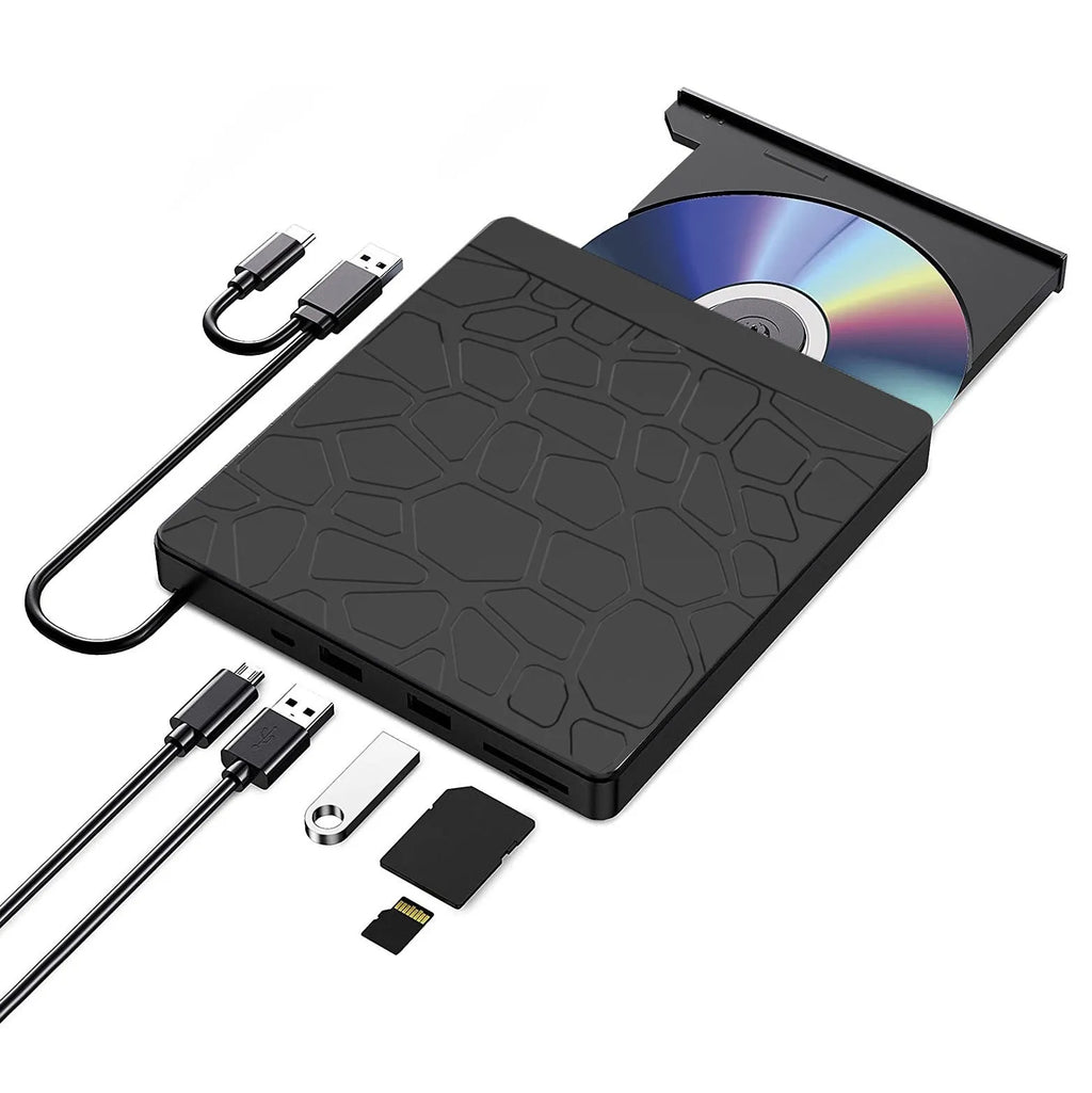 Black 5-in-1 external optical drive with dual interface, 15.4x14.3x1.8cm, for laptop and desktop CD DVD reading and recording