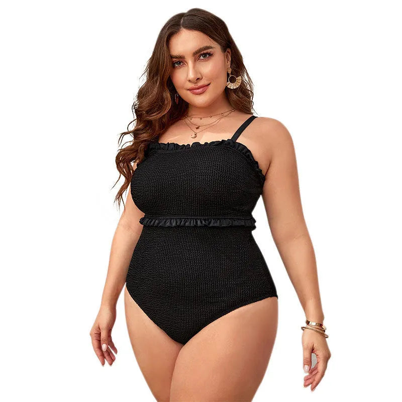 Black plus size one-piece swimsuit with double shoulder straps and belly cover design