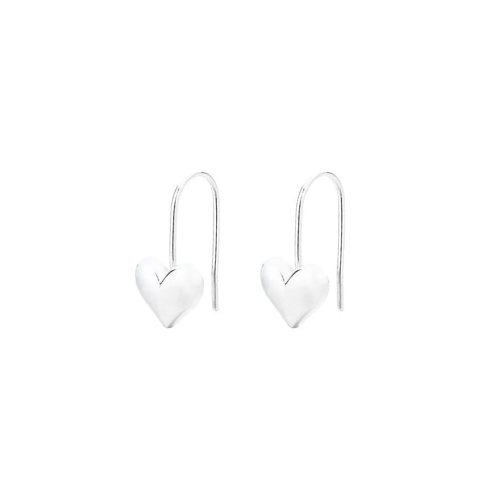 Silver heart-shaped earrings with glossy finish and three-dimensional Korean-style design