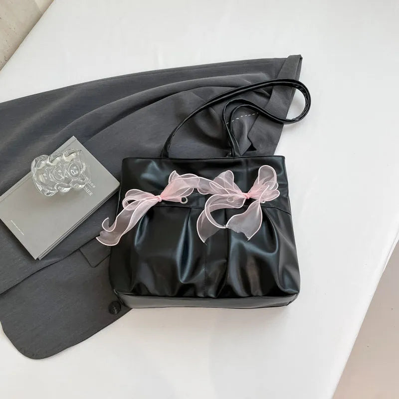College style bow tote bag with double shoulder straps and large capacity interior
