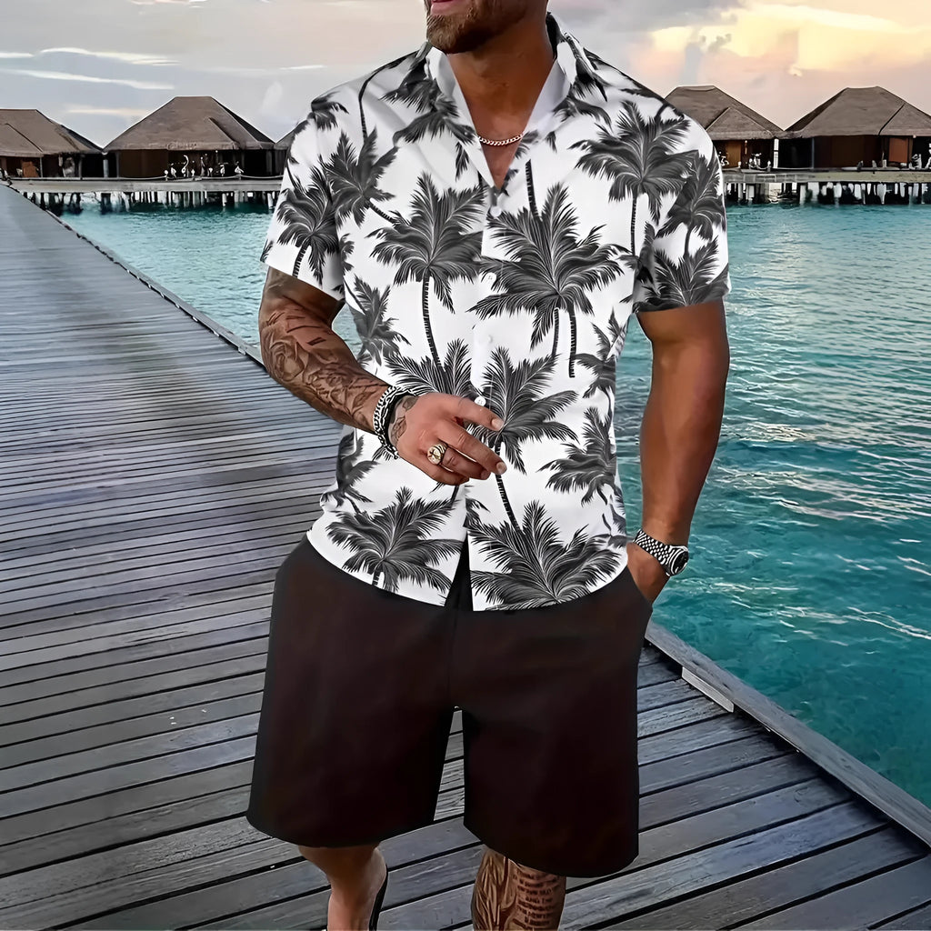 Men's Hawaii print short sleeve top and matching shorts leisure suit set on a hanger