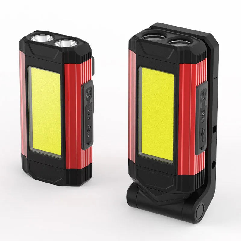 Rechargeable 10W COB LED work light with 360-degree rotation in red or silver, for auto repair and camping.