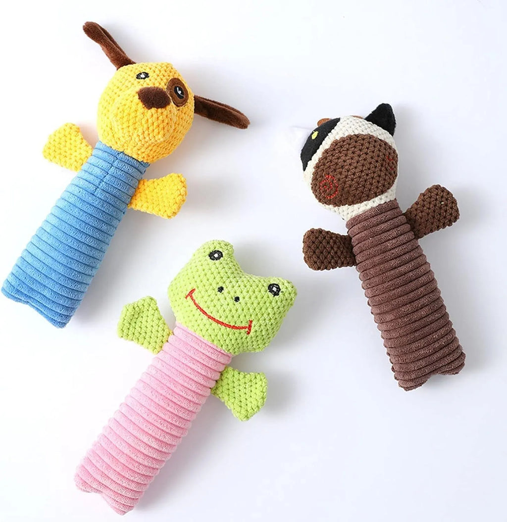 Dog squeaky chew toy shaped like a stuffed animal, 19cm long, for teeth cleaning and play.