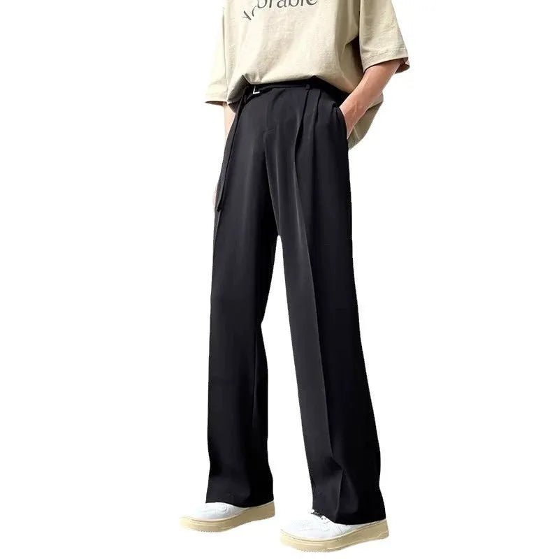 Thin straight black wide leg trousers with loose fit and straight leg opening