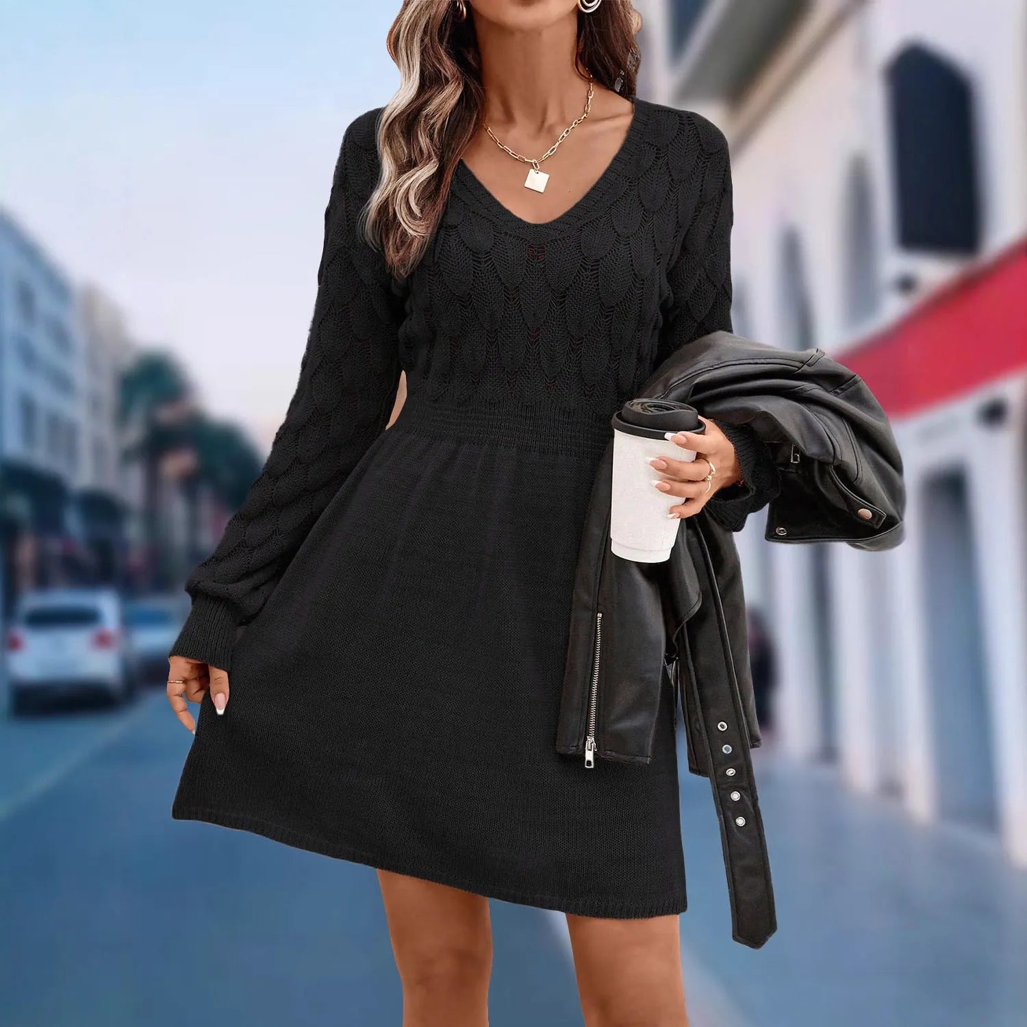 Women's artistic retro acrylic V-neck beach dress with long sleeves, high waist, 3D pattern, in apricot colour.
