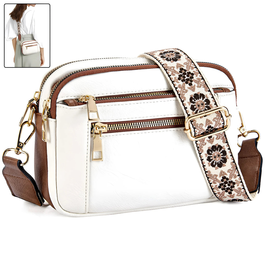 Triple-zipper colourblock crossbody bag with floral embroidered strap for women
