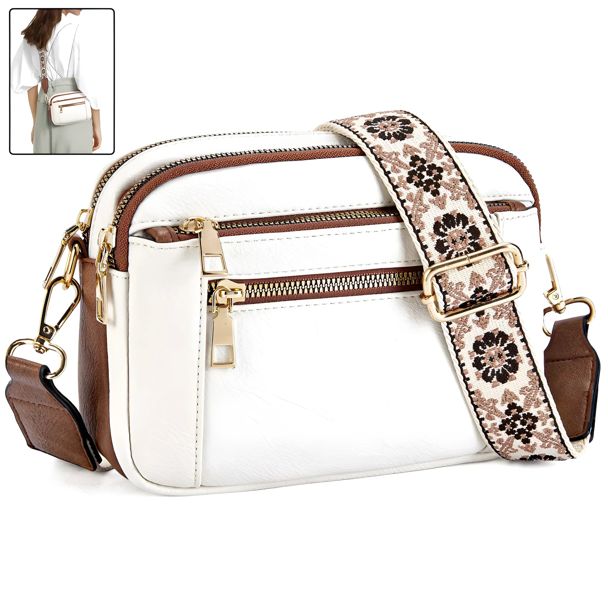 Triple-zipper colourblock crossbody bag with floral embroidered strap for women