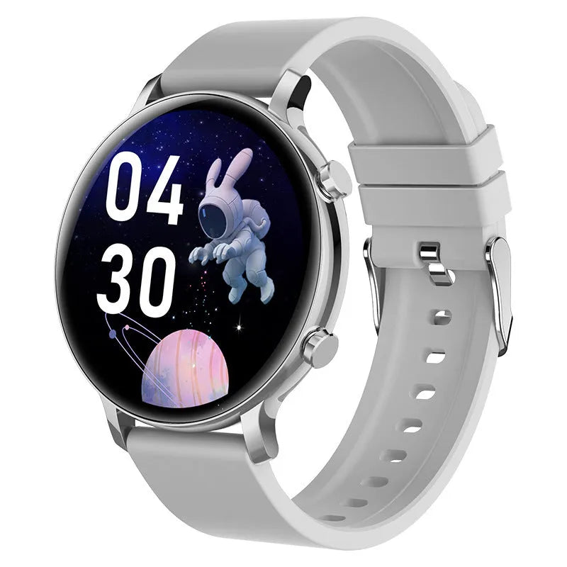 Bluetooth smartwatch with stainless steel strap on wrist, showing call and heart rate interface.