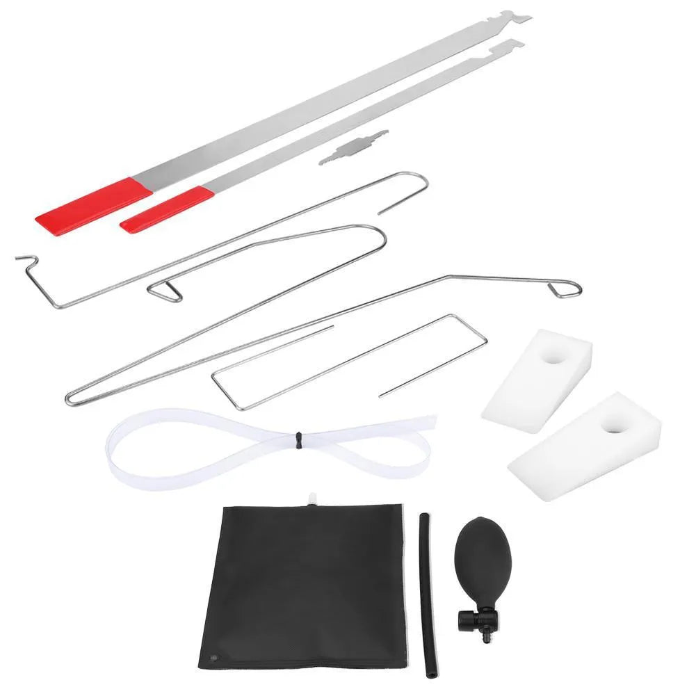 9-piece automotive maintenance tool set with air pump wedge, plastic wedges, and metal hook tools for vehicle lockout situations