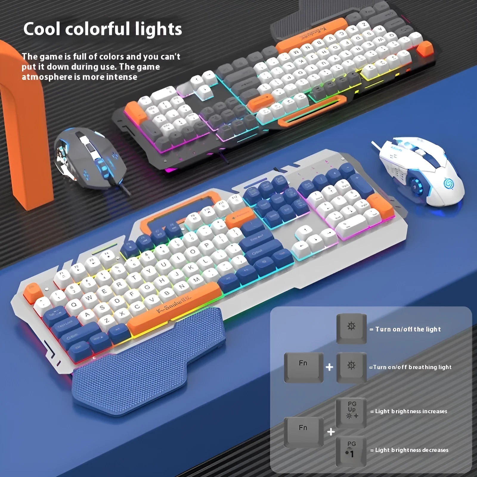 Blue wired gaming keyboard and mouse set with 1.5 metre cable on desk