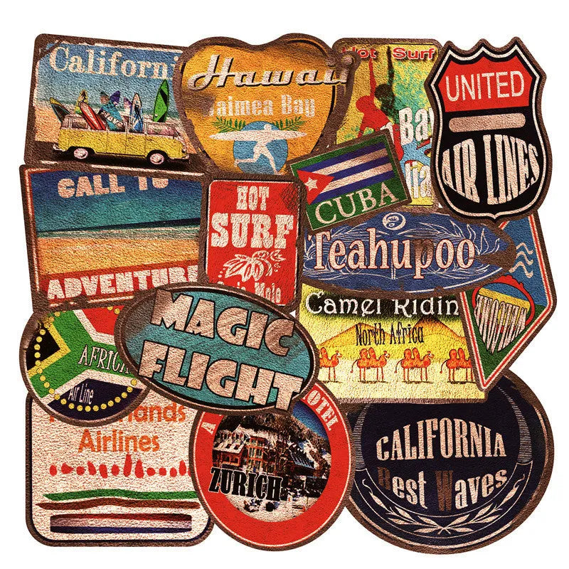 Set of 36 retro-themed beach and surfing stickers in various sizes from 6cm to 10cm on a matte PVC background.