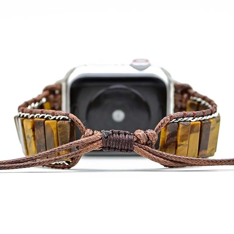 Rectangular tiger eye stone chain on a brown textile adjustable watch strap for men.