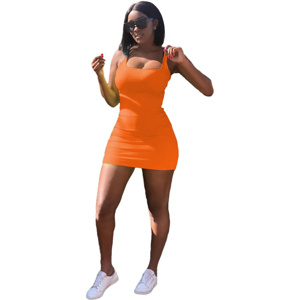 Women's casual dress with big U-neck and sunken stripe straps in multiple colour options