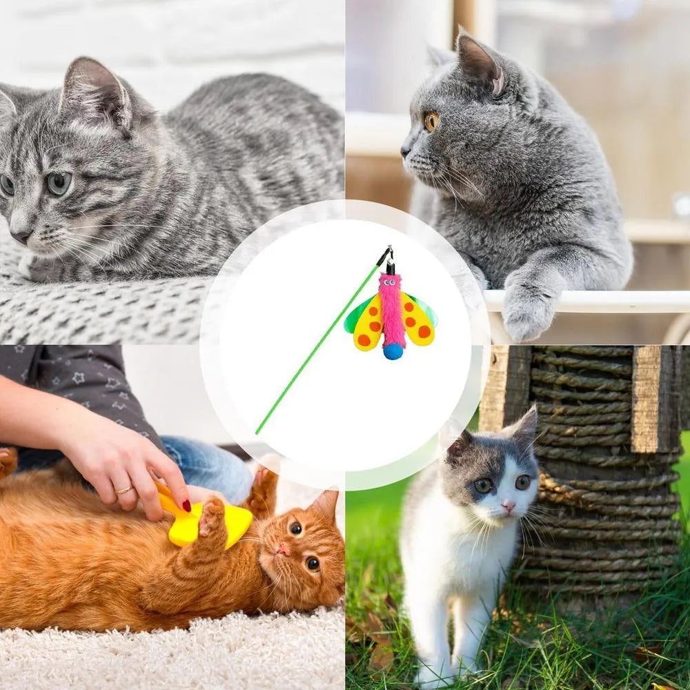 Cat wand toy with dragonfly attachment and bell for interactive indoor play with cats