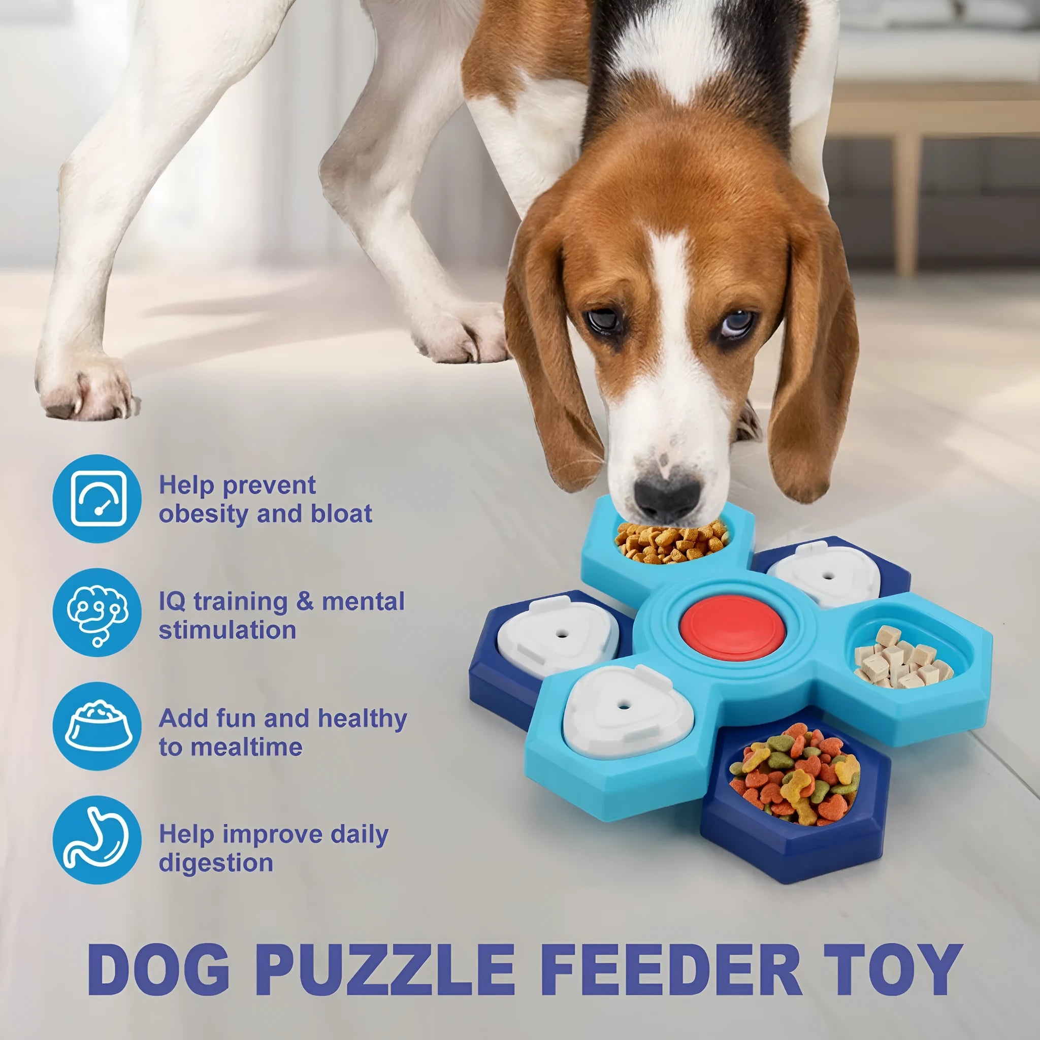 Blue plastic 4-layer slow feeder puzzle dog bowl with non-slip base assembly