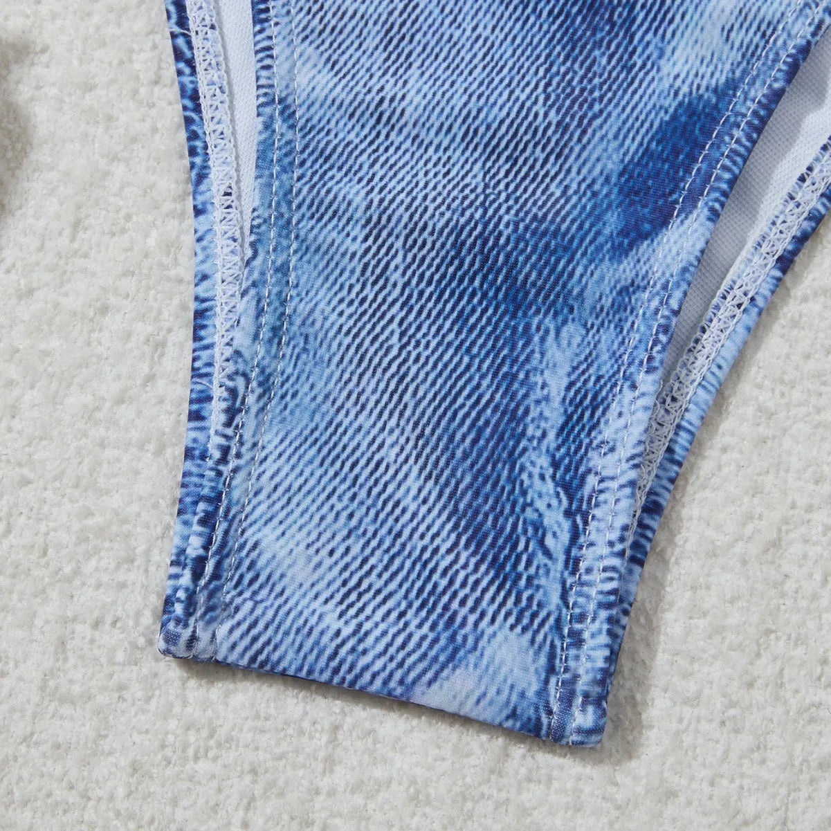 Women's denim blue printed two-piece bikini set with adjustable straps in nylon spandex fabric