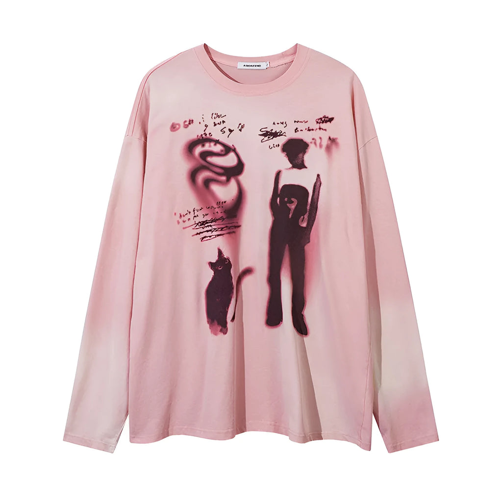 Women's loose dark grey cotton pullover top with drop-shoulder sleeves and letter print
