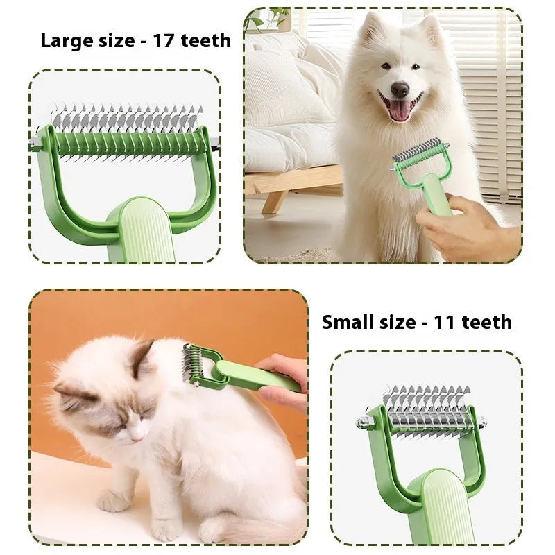 Green and grey dog unknotting combs in small and large sizes with stainless steel teeth
