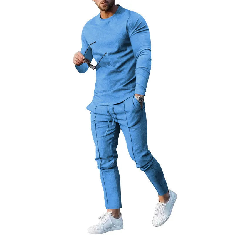 Men's light grey polyester two-piece casual suit with round neck t-shirt and matching trousers