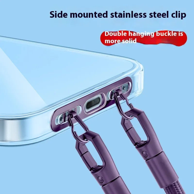 Mobile phone lanyard connector in metal with electroplated finish, side hanging clip and double buckle gasket.