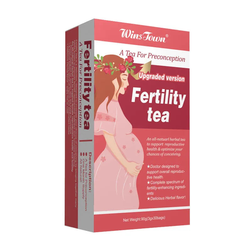 Fertility tea box with 3x30 bag packaging showing 90 individual tea bags for reproductive wellness support