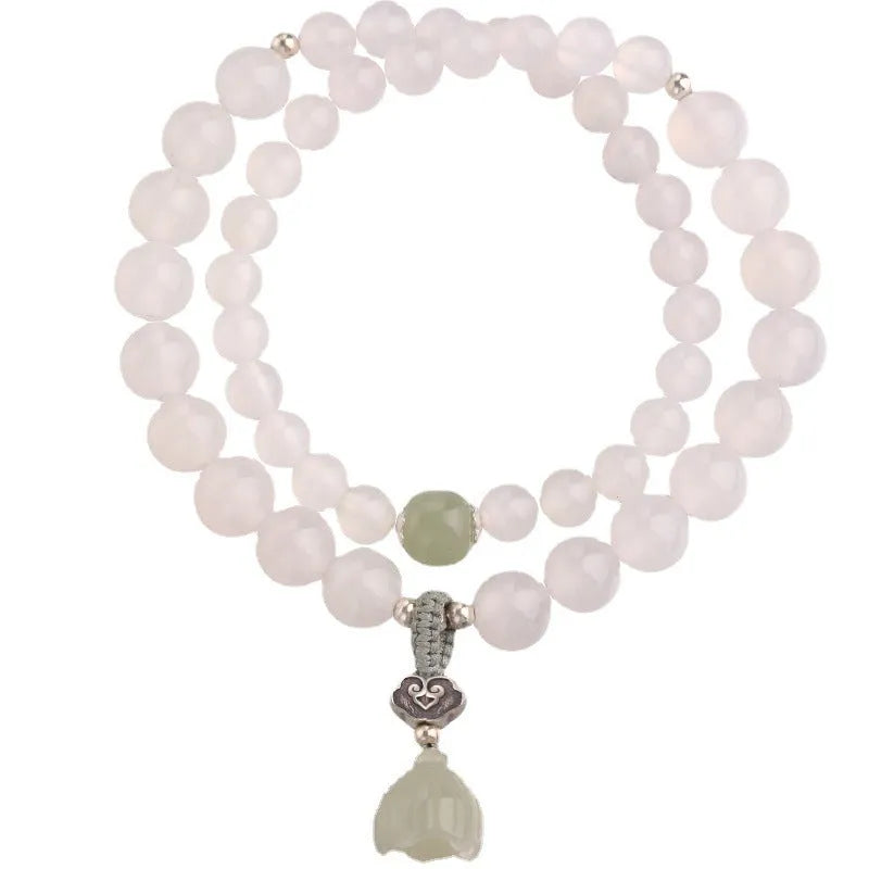 Women's S925 silver bracelet with white agate and Hetian jade stones in geometric national style