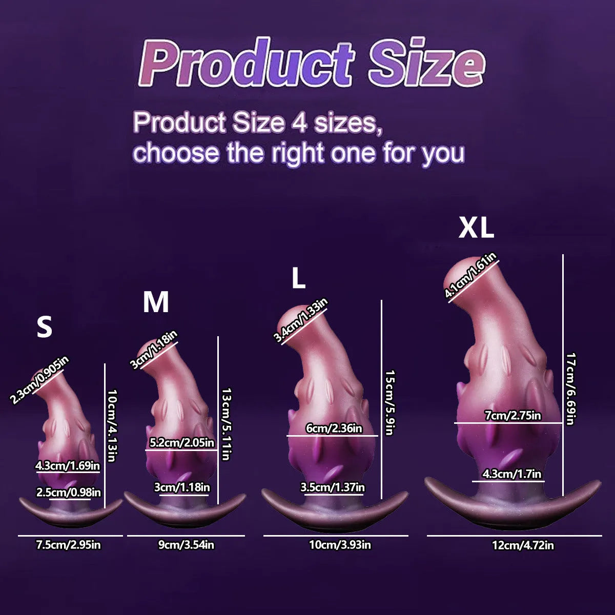 Purple, gold, and black unisex silicone masturbator adult toy in S, M, L, XL sizes.